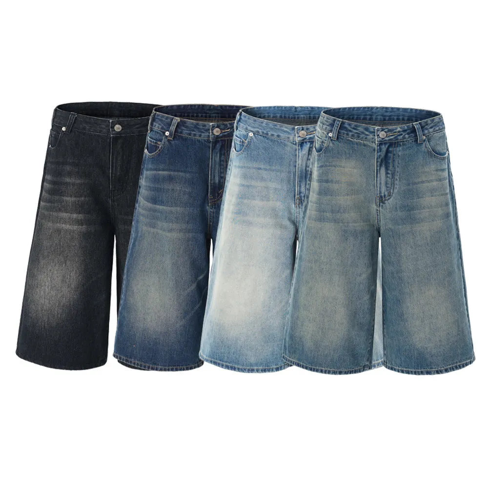 Men's loose straight denim shorts in light blue with cropped length ending above ankle, straight-leg cut