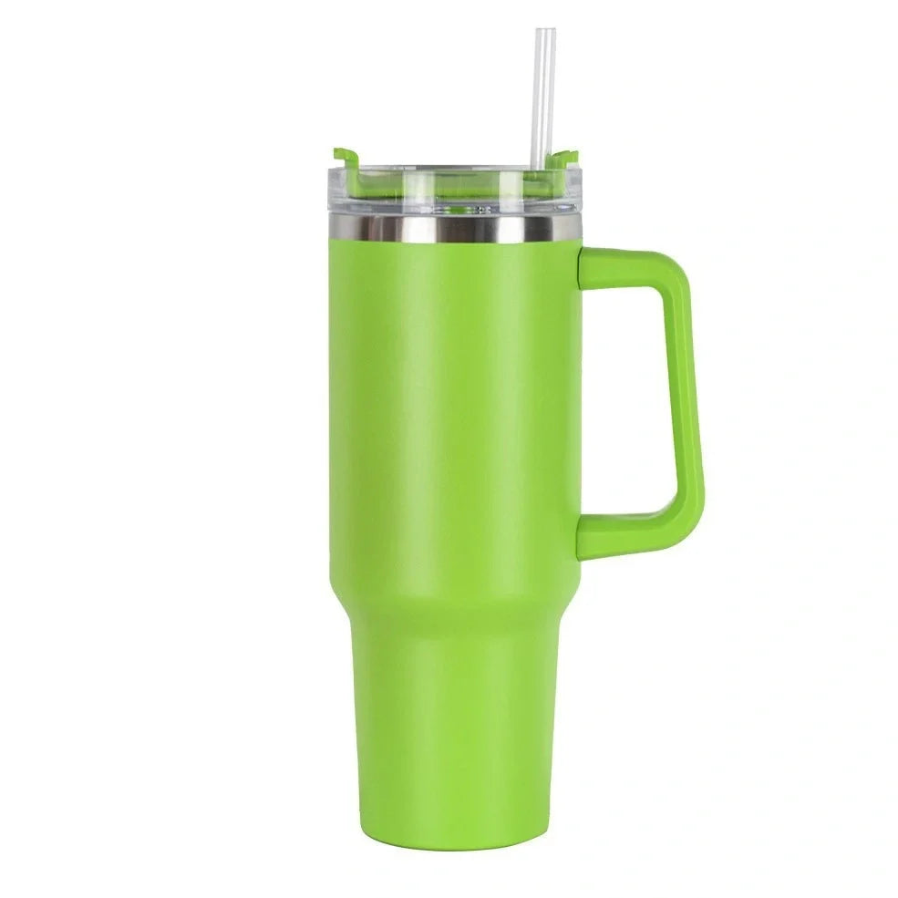 Black 40 oz stainless steel thermos cup with handle, double-wall insulation, Nordic style for office or outdoor use