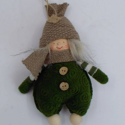 Christmas Easter fabric plush doll in dark brown with green clothing and red hat showing two size options