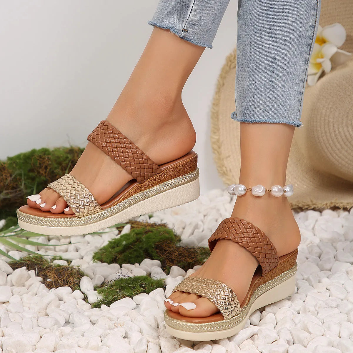 Women's gold and silver plus size wedge sandals with rubber soles on size chart