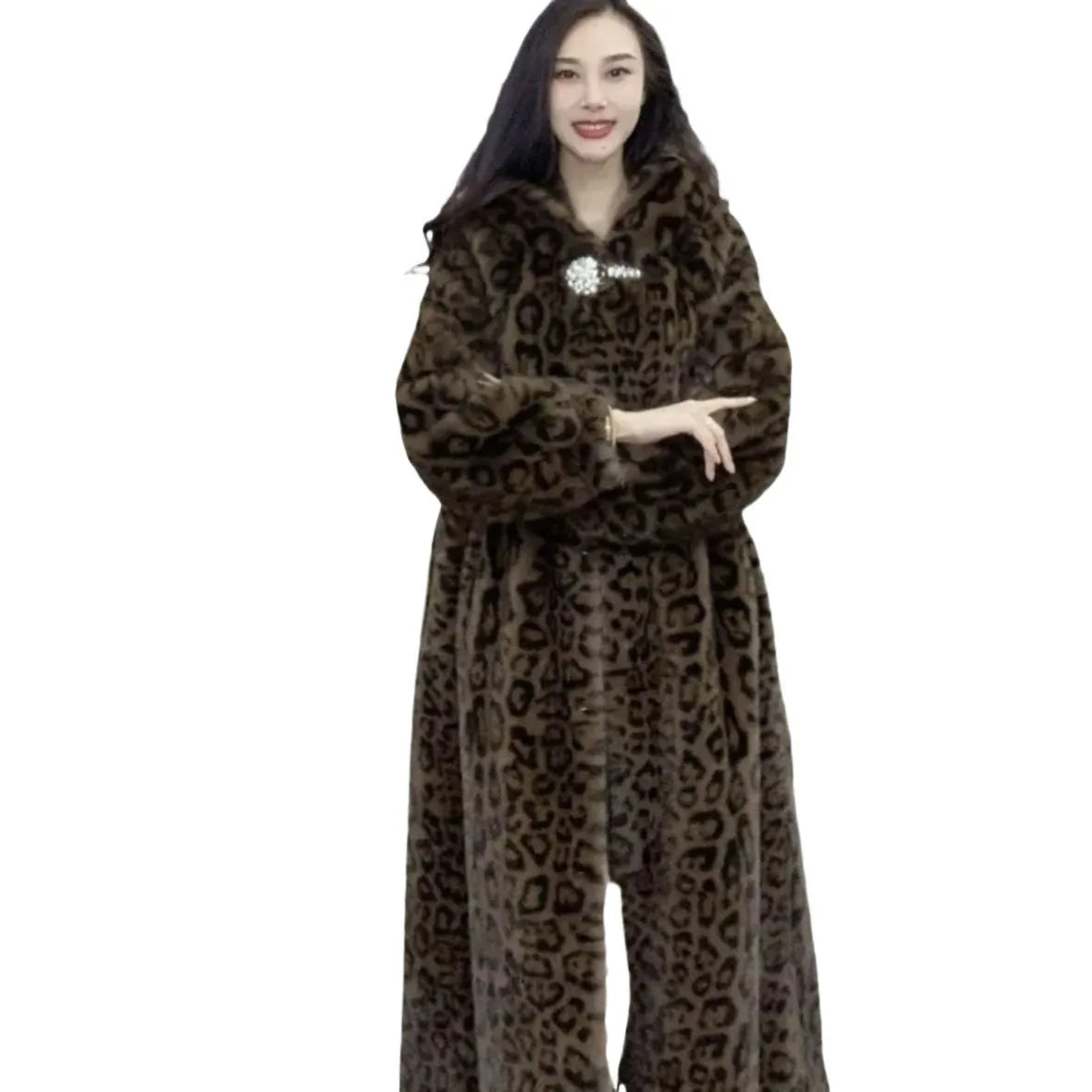 Brown leopard print faux fur coat with regular sleeves, 100cm length, plus size outerwear