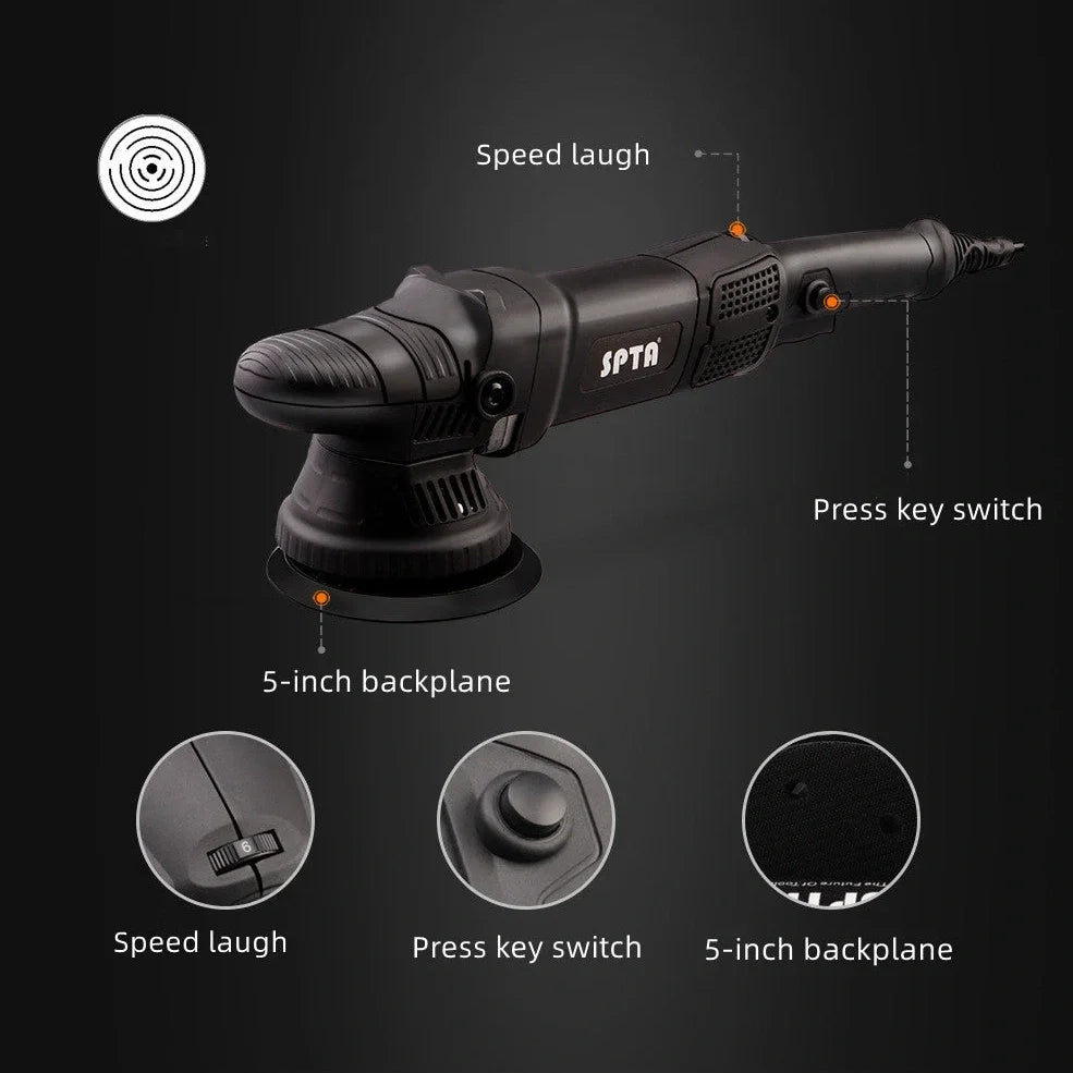 5-inch polishing machine with 125mm backing plate and variable speed control from 2000-5200 OPM