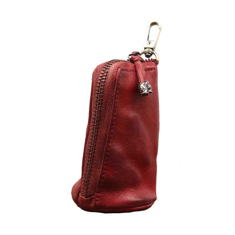 Men's waist-hanging key case in full-grain cowhide genuine leather with distressed finish, available in five solid colours