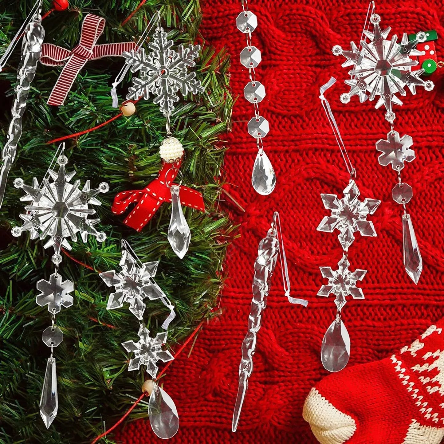 10 clear acrylic ice cone Christmas tree ornaments with hanging ribbons on green branches