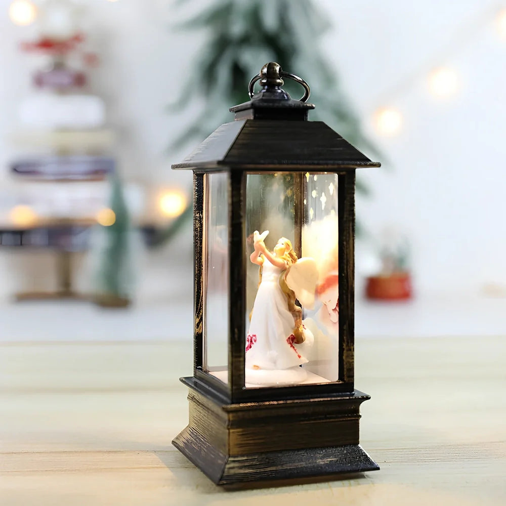 Compact 13cm Christmas LED flame small oil lamp in snowman motif on wooden shelf, square plastic base with flickering electronic light
