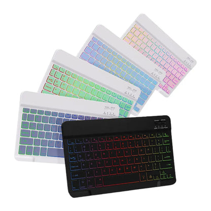 iPad in a black TPU leather case with a built-in luminous RGB backlit Bluetooth keyboard and a stand open.