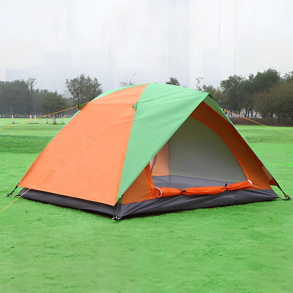 Orange blue double camping tent with reinforced frame showing 200x150x110cm dimensions and weatherproof features