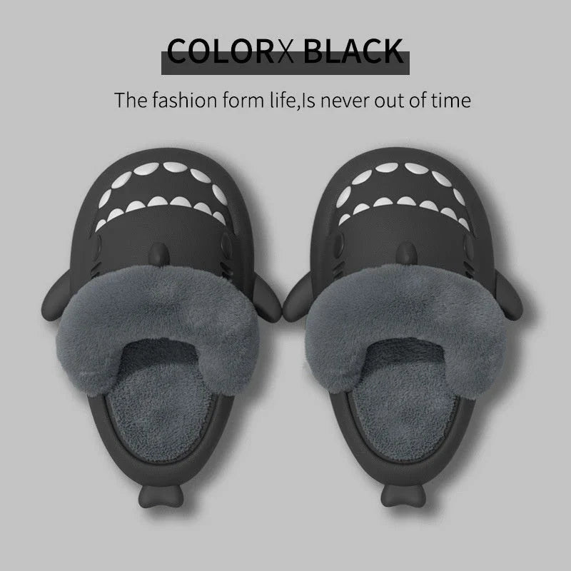Cozy and stylish shark-themed house slippers with a plush, fuzzy upper and a durable, non-slip sole
