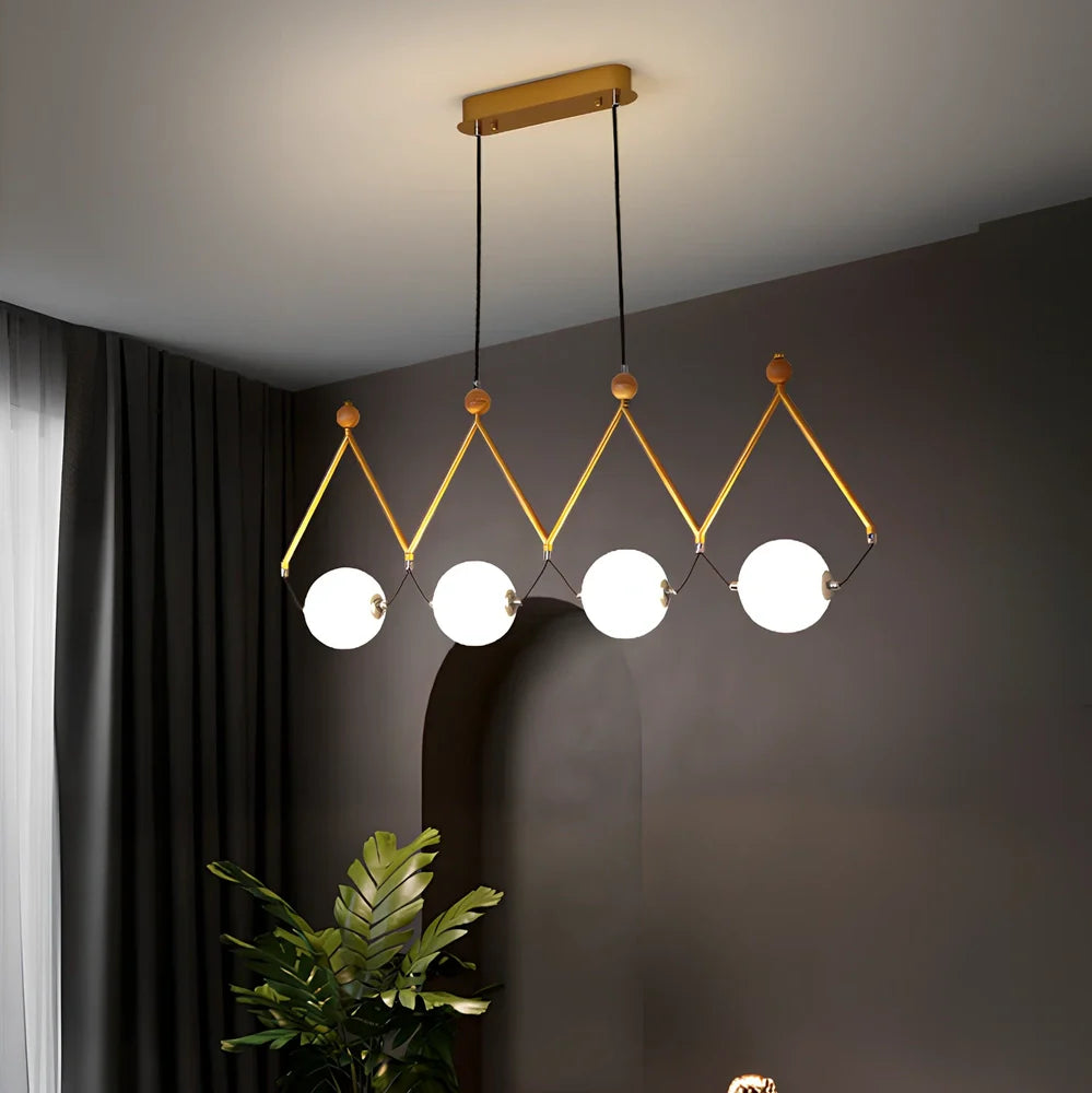 Multi-head LED pendant lamp with glass shades in black or gold, measuring 45-120cm diameter
