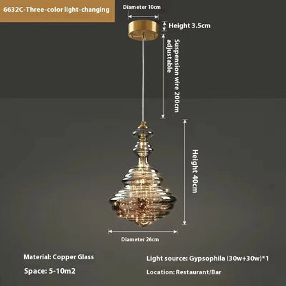 Modern adjustable glass droplight chandelier with LED lighting on a long suspension cable.