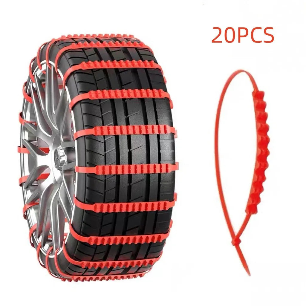 Emergency plastic double-tooth nonskid chain ribbon for universal car tyre grip, shown flat