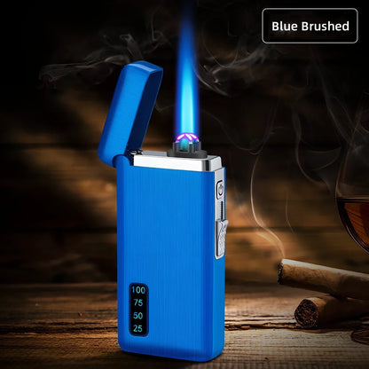 Metal windproof electric lighter showing compact 77.5mm design with USB charging port and flame adjustment