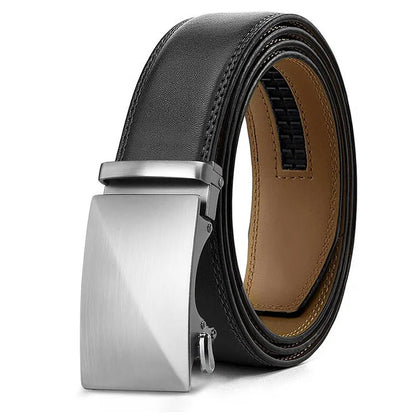 Men's brown PU leather belt with an automatic alloy buckle on a textured background.