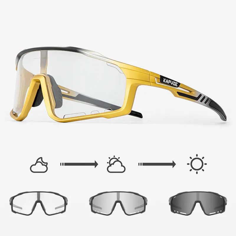 Photochromic cycling sports goggles with a semi-rimless TR90 frame and adaptive tint lens.