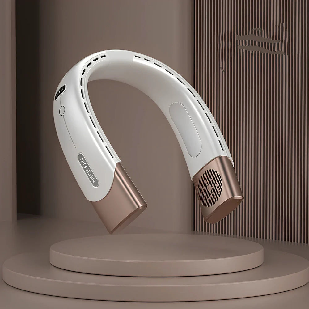 Blue hanging neck fan with digital display, 200x197x60mm USB model in ABS, 5 wind speeds for portable cooling