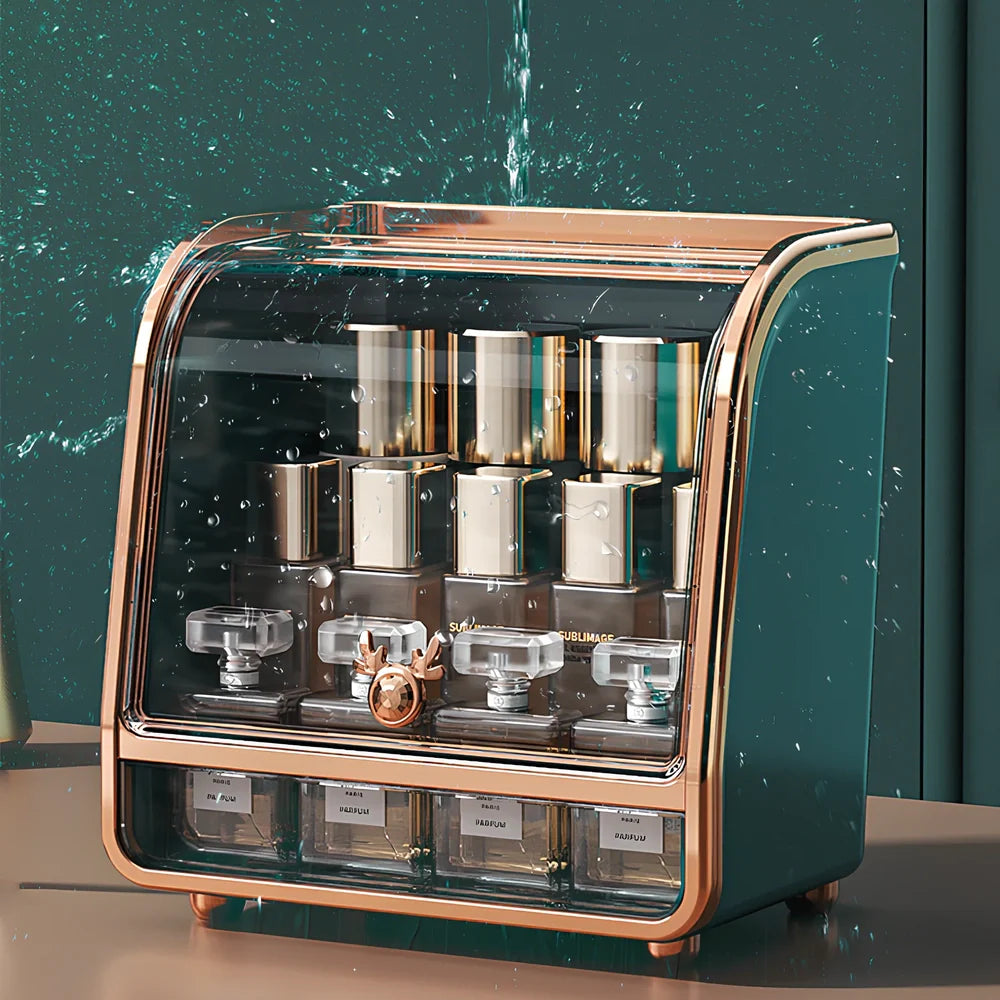 Light luxury plastic storage drawer in green for cosmetics, 25cm x 15cm with divided compartments for brushes and lipsticks