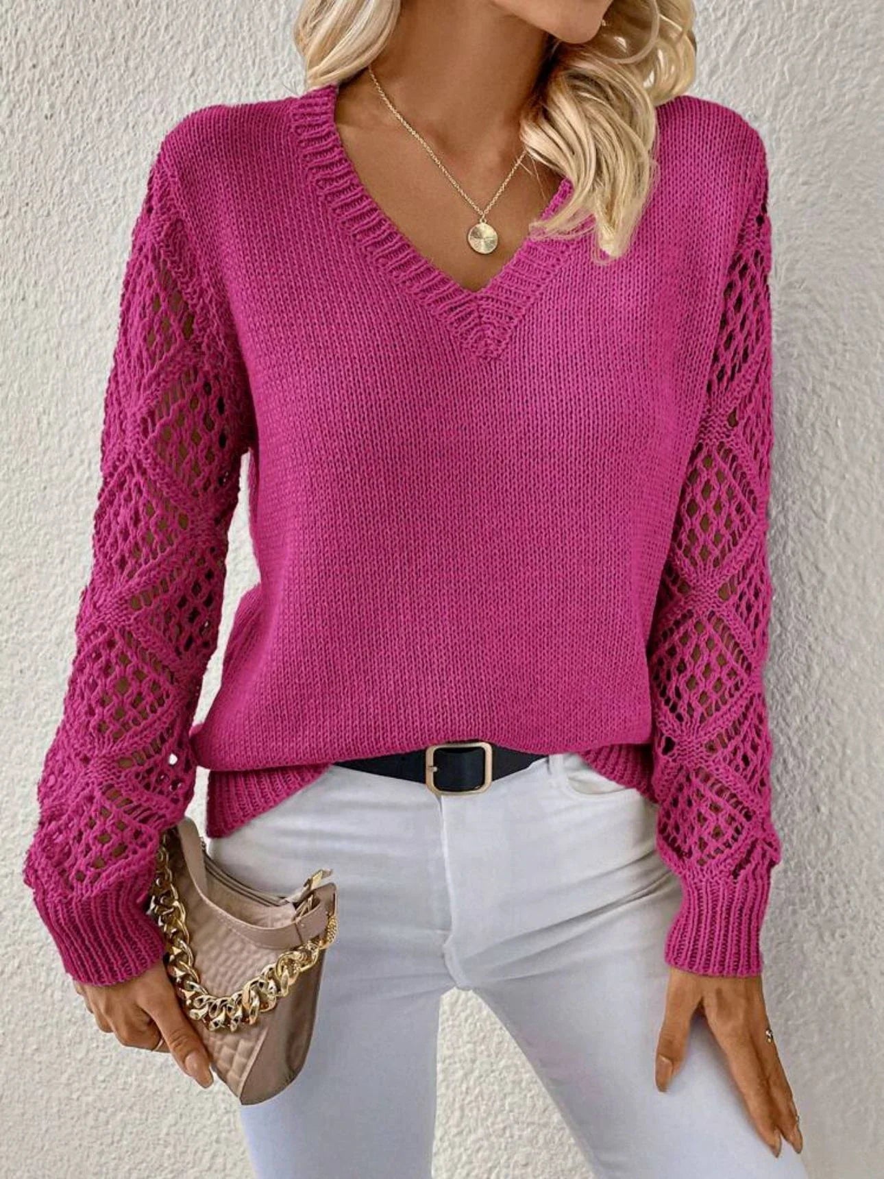 Stylish polyester fiber V-neck pullover sweater with unique hollow sleeve design, available in multiple vibrant colors