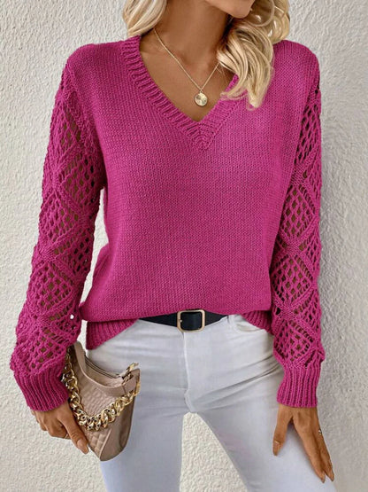Stylish polyester fiber V-neck pullover sweater with unique hollow sleeve design, available in multiple vibrant colors