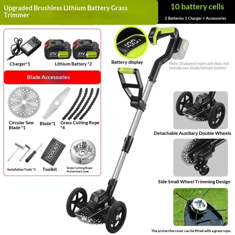 Brushless lithium electric lawn mower with steel, aluminium tube and plastic build, 500W motor and multi-wheel assistance