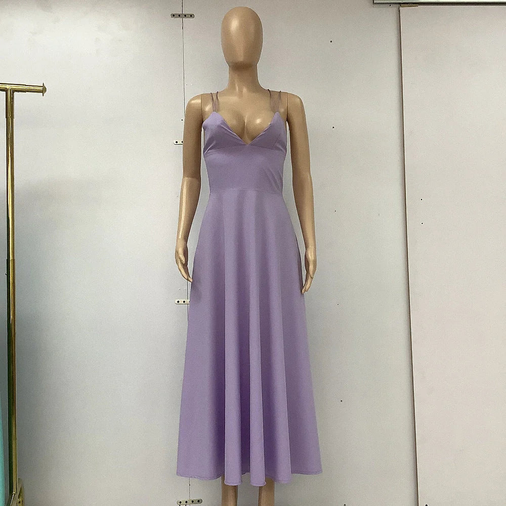 Women's V-neck suspender A-line summer dress in various colors