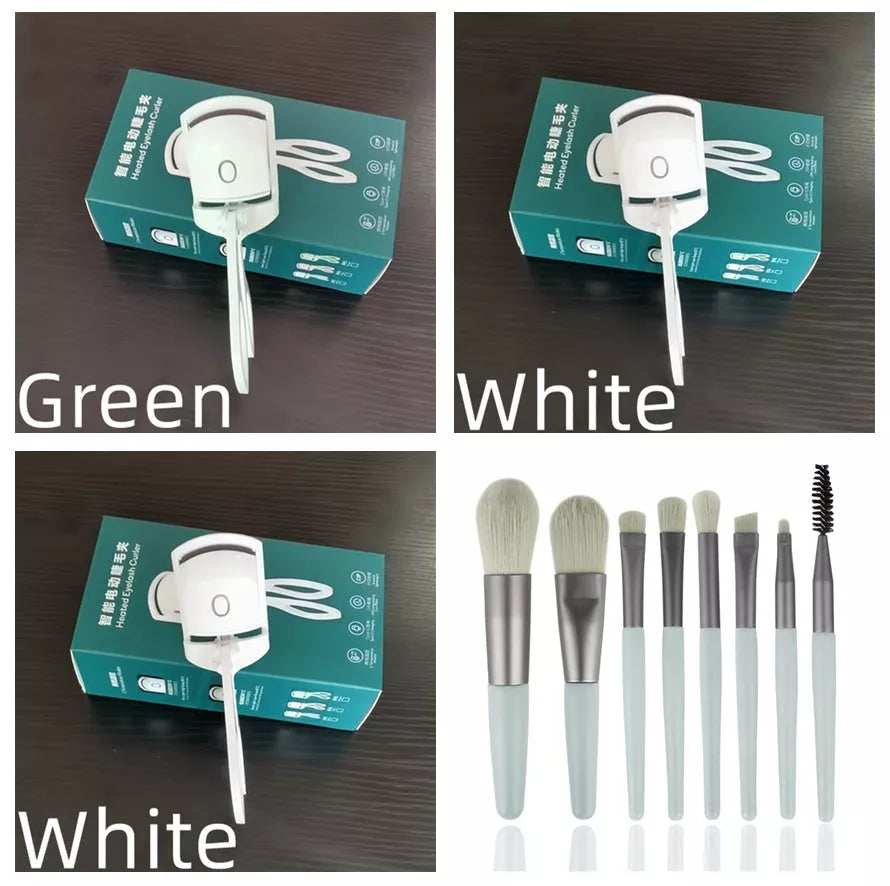 Electric Heating Eyelash Curler in white, pink, and green colors for safe, effective lash curling