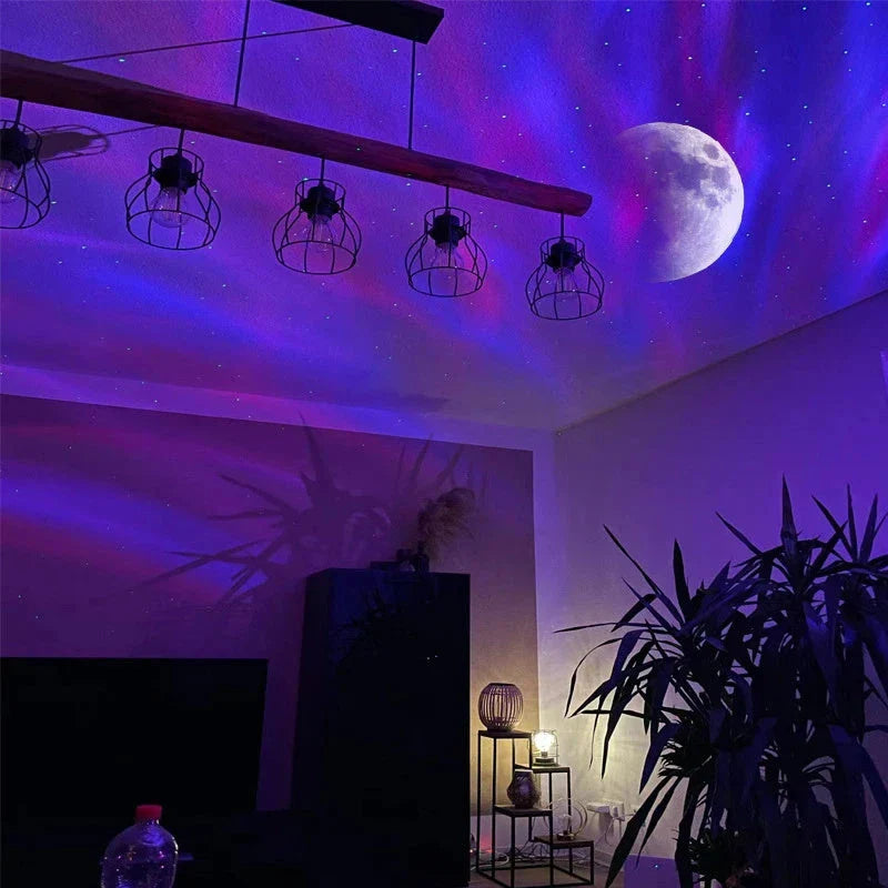 Celestial Galaxy Star Projector with Northern Lights, green stars, and moon projection for home decor