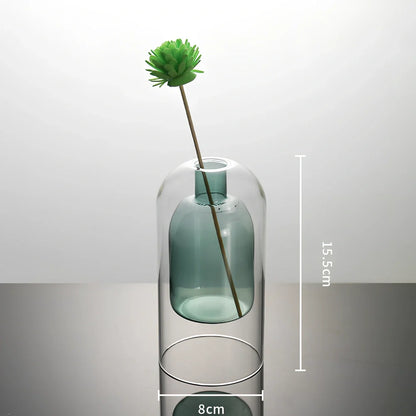 High borosilicate glass vase with double-layer construction measuring 15cm tall and 8cm wide