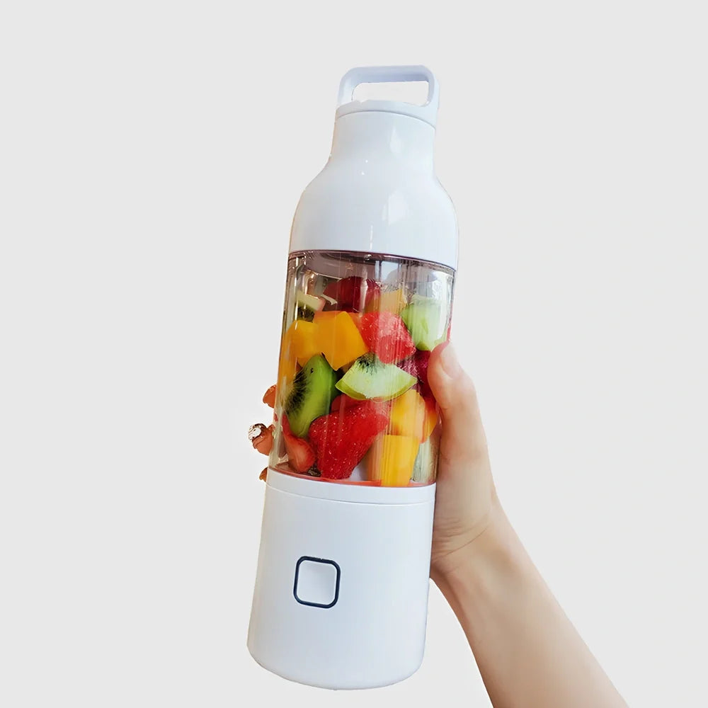 Portable mini juice cup with borosilicate glass liner showing 81x81x281mm dimensions and USB charging port