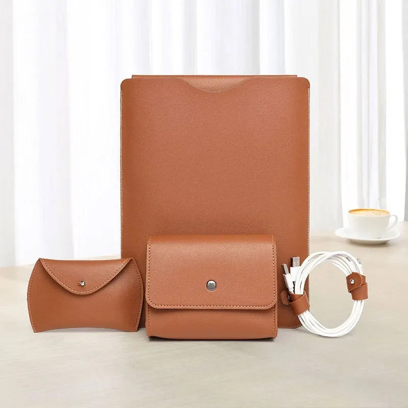 Four-piece set of imitation leather laptop edge protective covers in brown, grey, apricot, and light pink colours