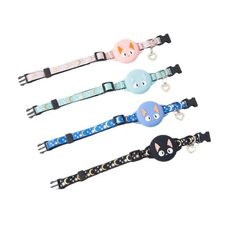 Adjustable AirTag cat collar with plastic protective case in pink, blue, light green, and black colour options