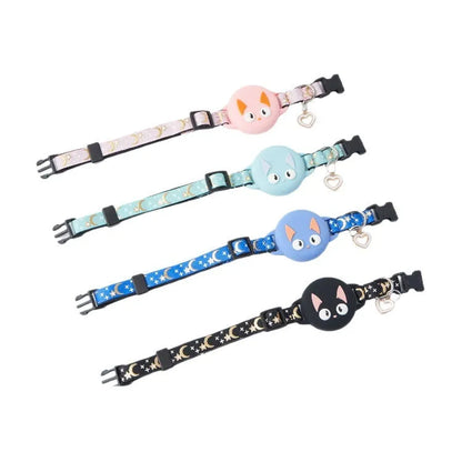 Adjustable cat collar with AirTag protective case in colour-matched design showing sizing options