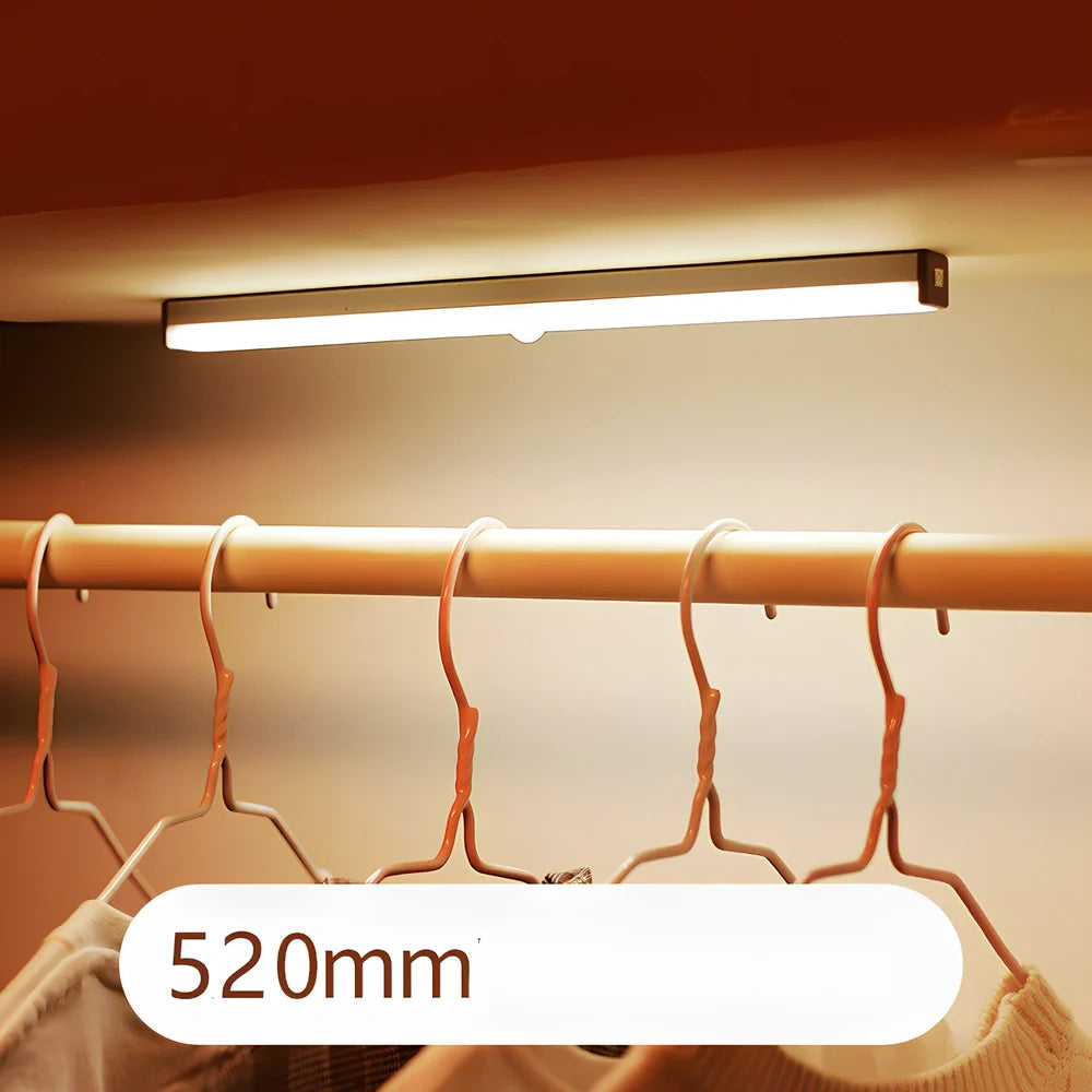 LED sensor light bar showing motion detection range and multiple size options from 9cm to 52cm