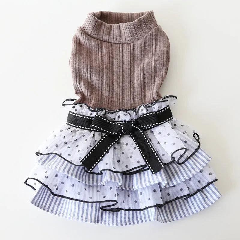 Polka dot lace cake dress pet costume for dogs and cats in princess style with floral trim