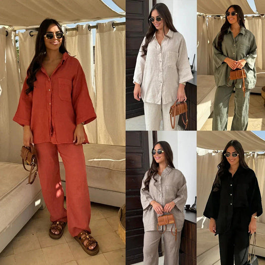 Women's stylish polyester lounge set with wide-leg pants and long-sleeved shirt in various colors