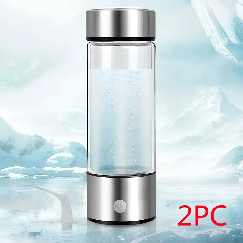 Portable hydrogen water cup in silver with borosilicate glass, showing electrolysis bubbles and romatic light, 3-minute generation