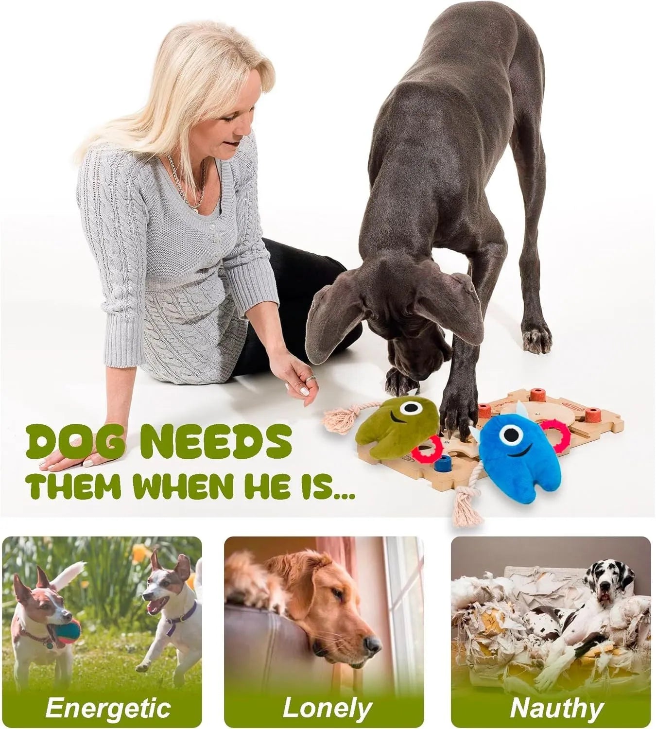 Blue and green plush dog toy with integrated cotton rope and squeaker for interactive play
