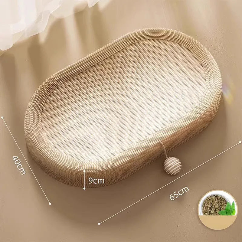 Large rectangular sisal cat scratching board with an attached raised lounge bed for cats, shown on a living room floor.