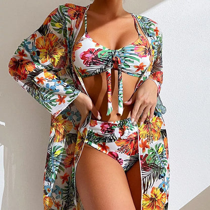Women's plus size long blouse split bikini suit in quick-dry polyester