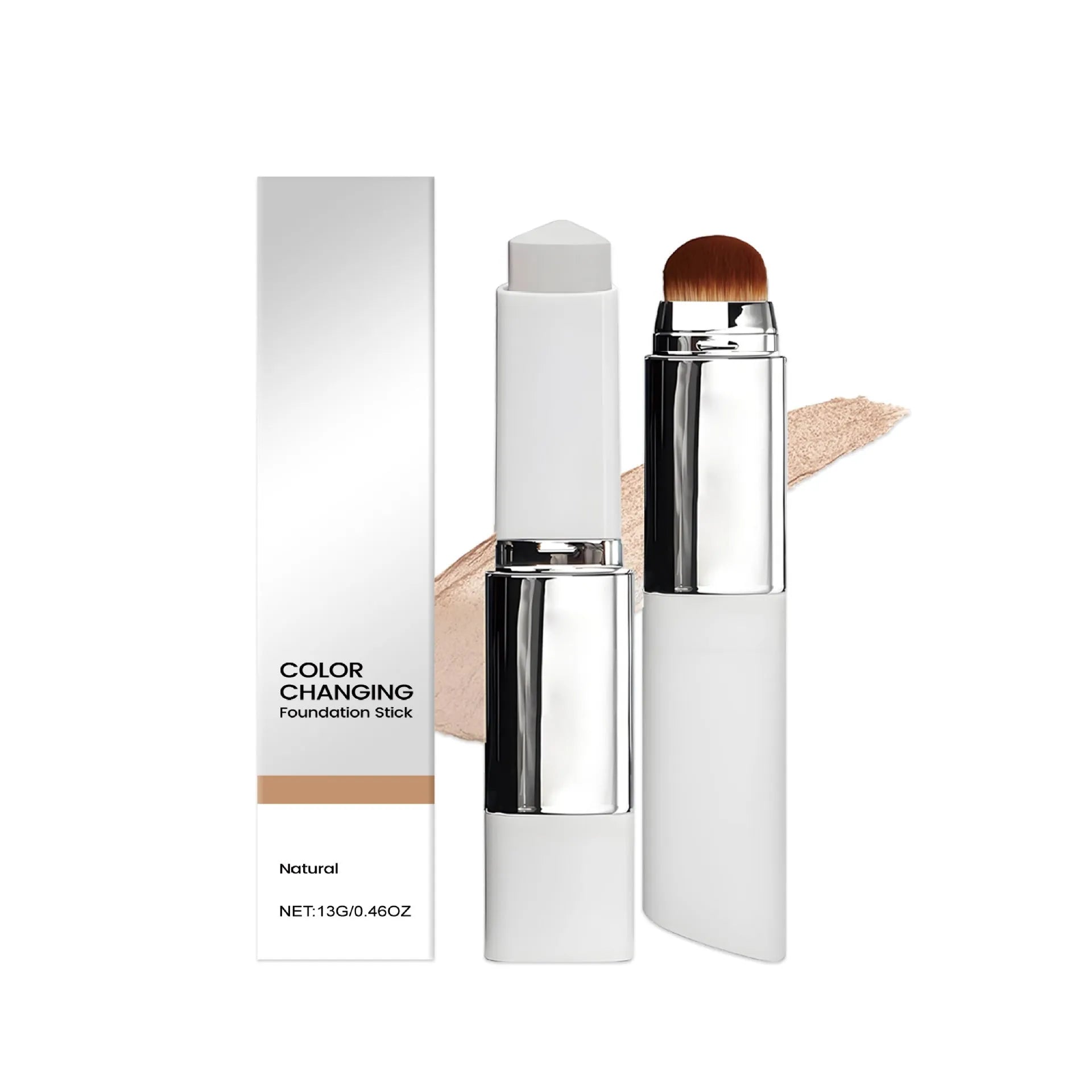 Powder foundation stick in twist-up packaging showing three colour options: ivory white, natural, deep flesh