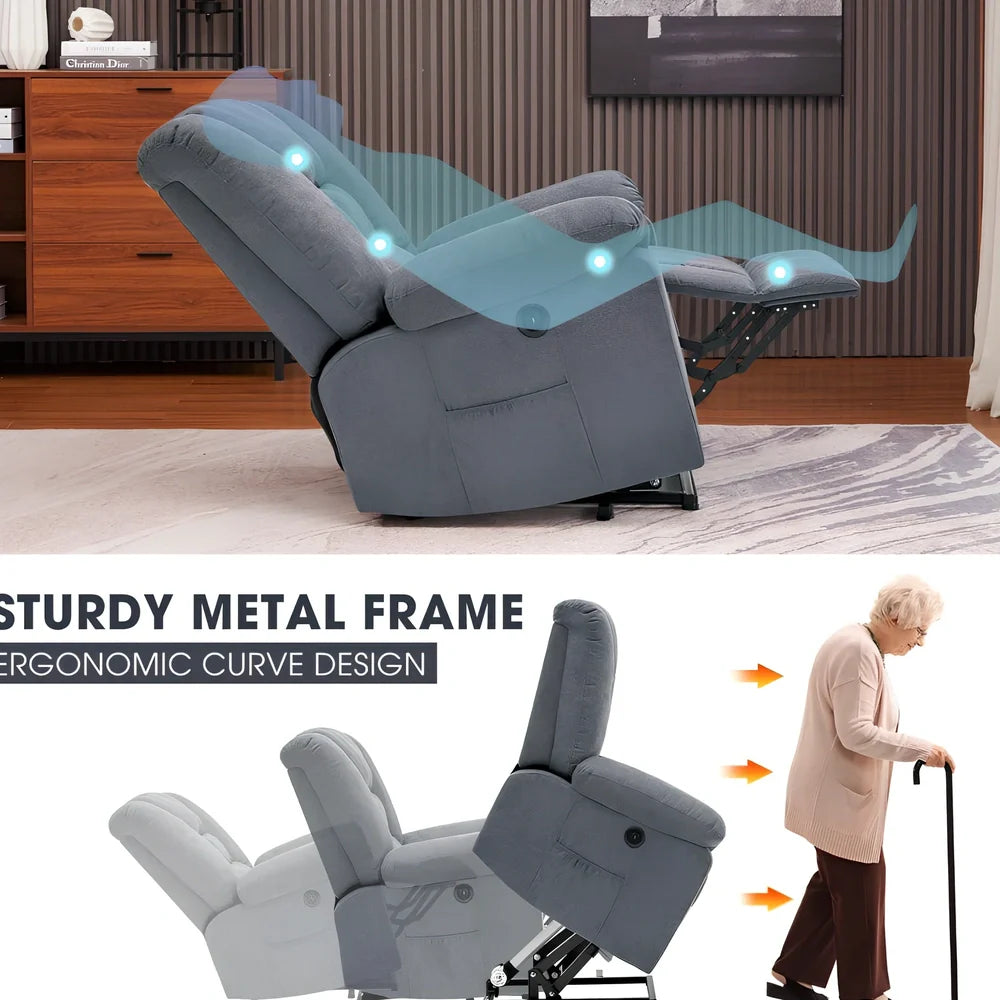 Blue single electric massage recliner with wooden frame, USB port, and 8-point vibration in reclined position