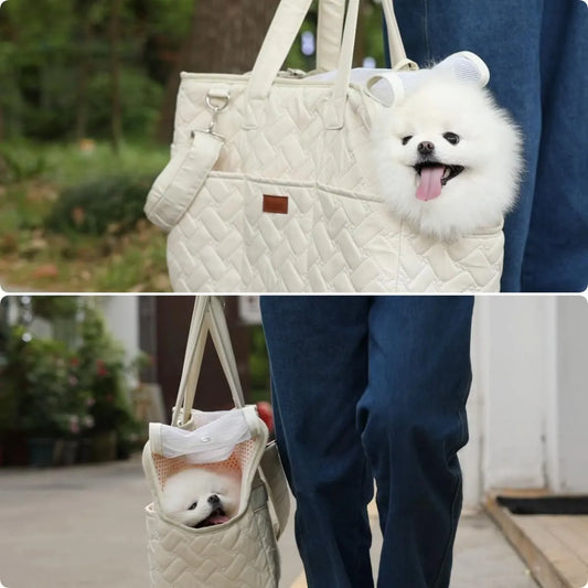 Grey or white cat carrier handbag with breathable mesh panels, safety cord, and multiple pockets for small pets