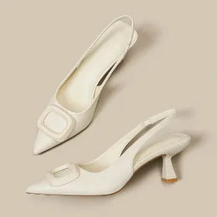 Pointed toe high heels with French square buckle, microfiber upper, rubber sole, sizes 35-39