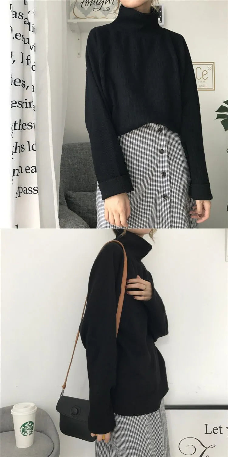 Women's pure colour half-high collar long sleeves top in loose fit, available sizes S to 3XL