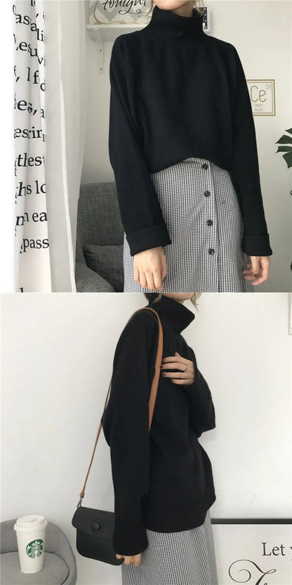Women's pure colour half-high collar long sleeves top in loose fit, available sizes S to 3XL