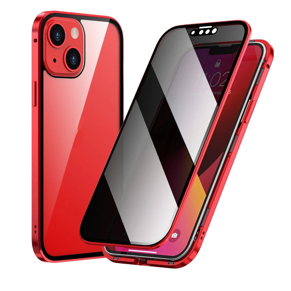 Fashion Personality Magneto Glass Metal Phone Case showing double-sided explosion-proof glass and metal frame for iPhone protection
