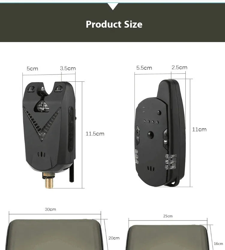 Wireless fishing electronic alarm with ABS plastic housing and remote receiver.
