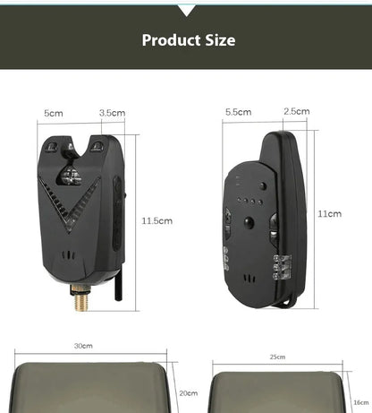 Wireless fishing electronic alarm with ABS plastic housing and remote receiver.