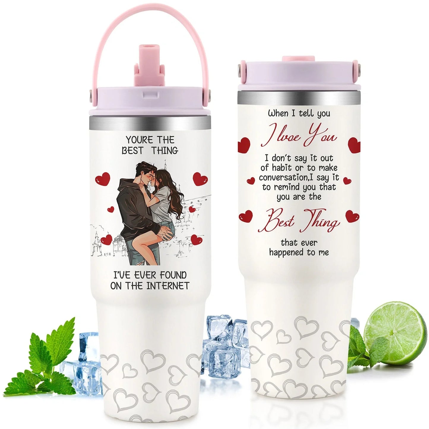 Premium 30oz stainless steel insulated cup in various colors, keeping drinks hot or cold for hours.