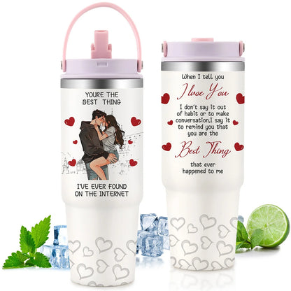 Premium 30oz stainless steel insulated cup in various colors, keeping drinks hot or cold for hours.