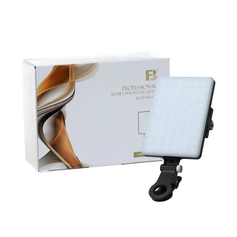 White mobile phone fill light with angle adjustment knob and LED illumination panel